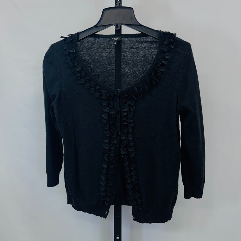 Talbots Black Round Neck Cardigan Women's Petite L 3/4 Sleeve Ruffle Trim